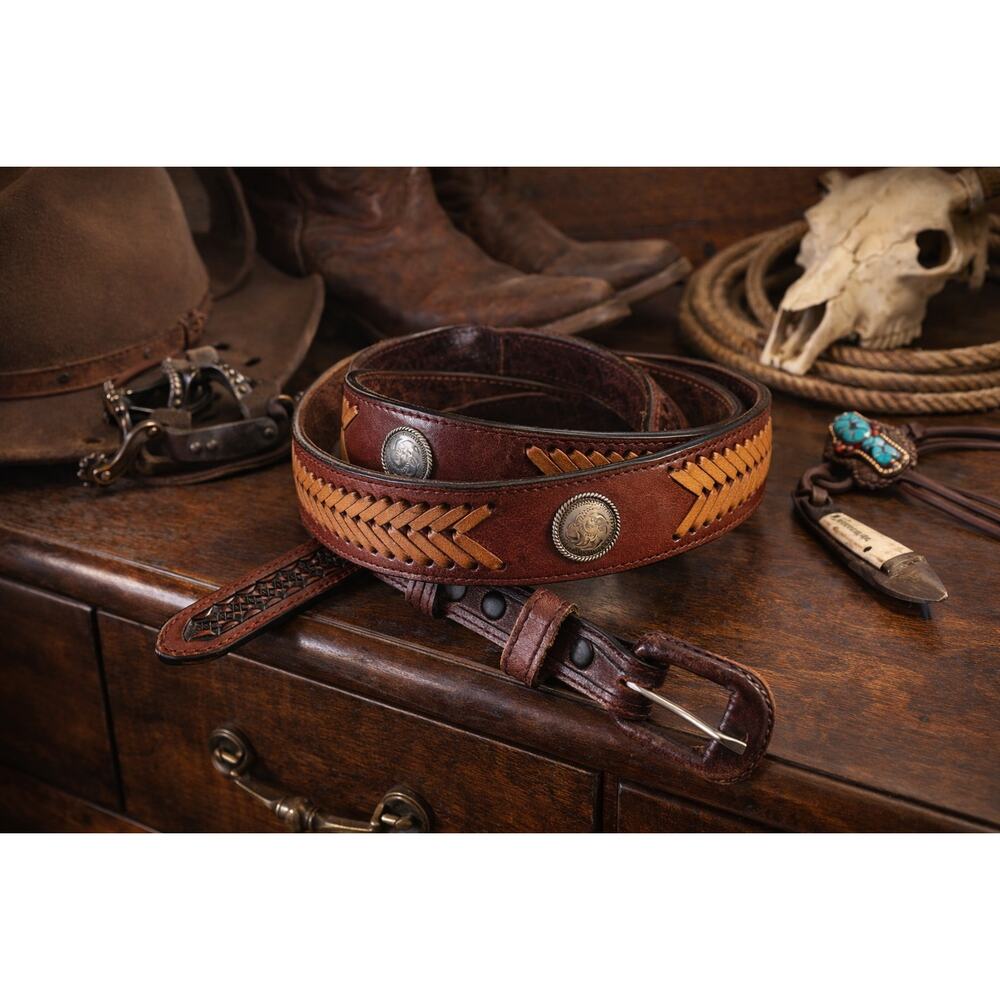 Vintage Handcrafted Western Leather Belt Mens 44 Silver Concho Tooled